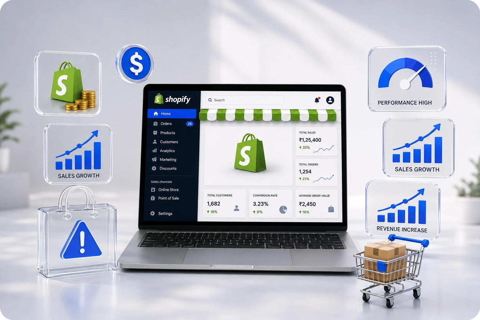 Shopify storefront on a laptop surrounded by theme, checkout, A/B test and performance tiles