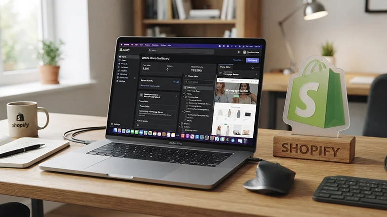 Shopify storefront and admin dashboard on a laptop