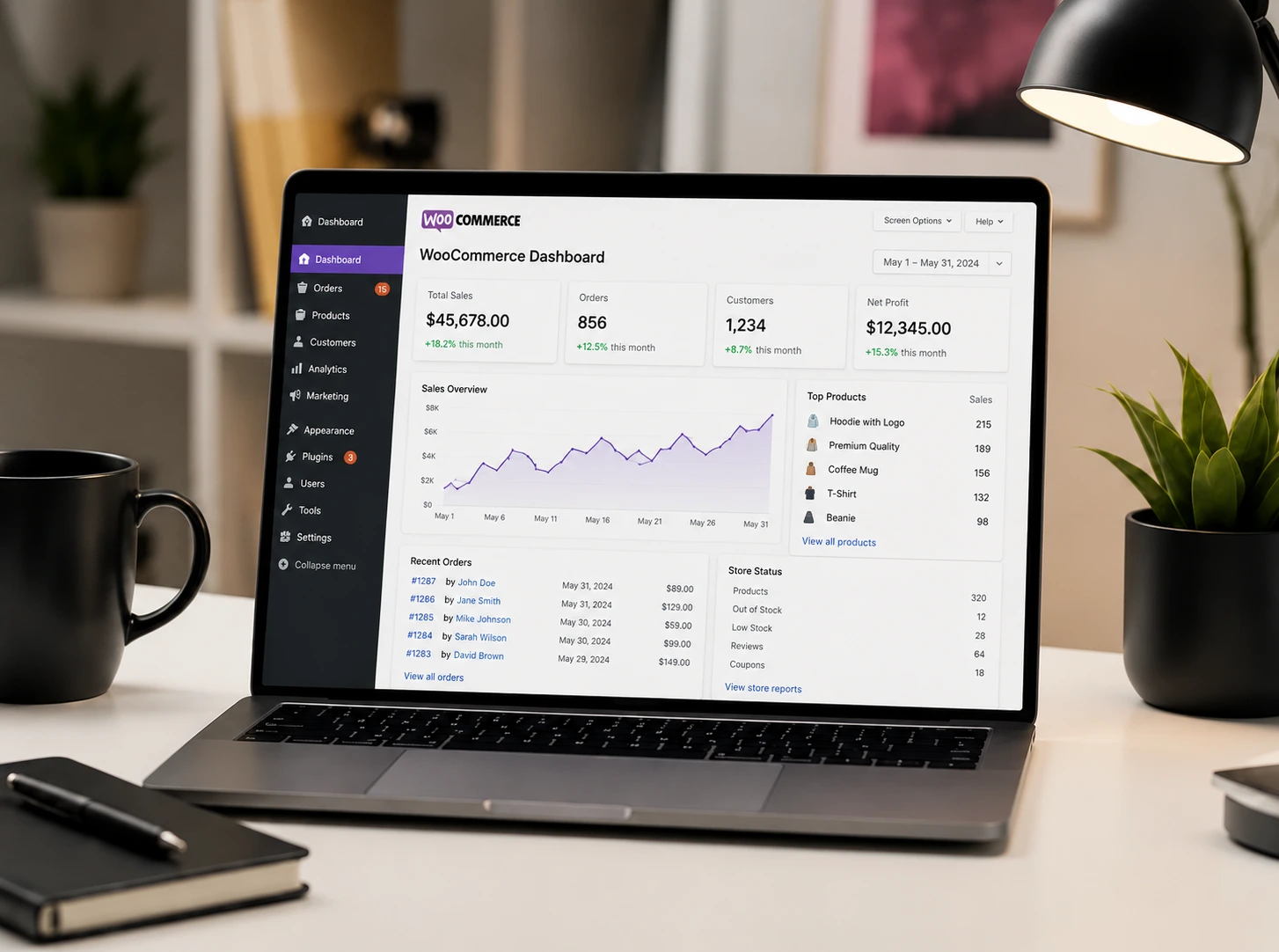 Ecommerce team reviewing a Shopify storefront layout alongside growth and conversion metrics